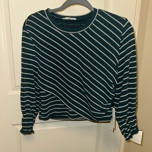 June & Hudson Diagonal Striped Long Sleeve Top - Dark Green and White